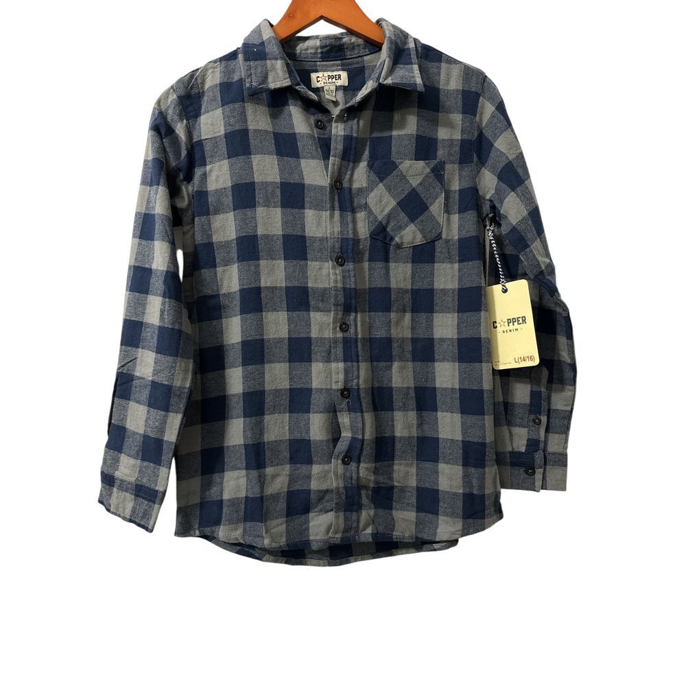 Copper Denim Kids Buffalo Plaid Flannel Button Down Shirt Navy Gray Sz L(14/16)